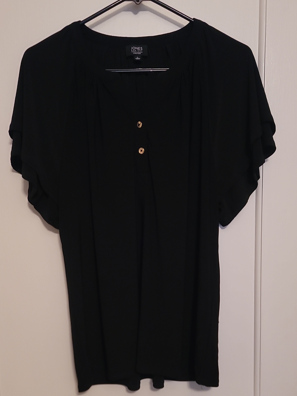 Jones New York L Black Flutter Sleeve Blouse